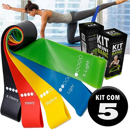 Kit de 5 Mini Faixas Elásticas Ideal p/ Exercício/Academia/Treino/Funcional/Mobilidade em Casa.