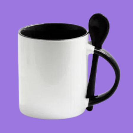 Caneca com Colher Base Reta Interior e Alça Colorida