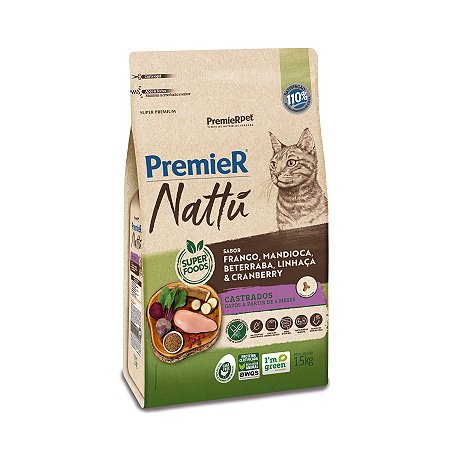 Ração Premier Nattu para Gatos Adultos Castrados Sabor Mandioca -  1,5Kg