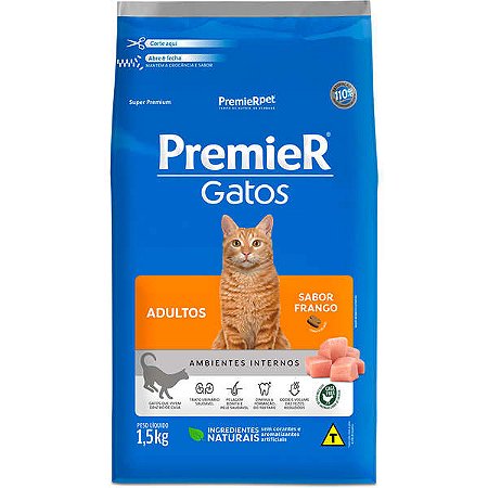 Ração Premier Ambientes Internos para Gatos Adultos Sabor Frango - 1,5Kg