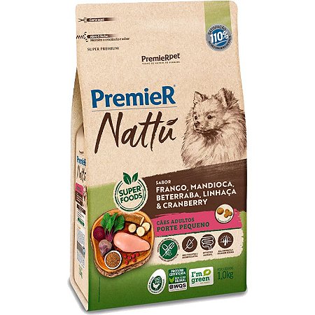 Ração Premier Nattu para Cães Adultos de Raças Pequenas Sabor Mandioca - 1,0Kg