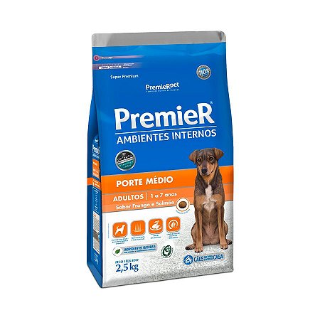 Ração Premier Ambientes Internos para Cães Adultos de Médio Porte Sabor Frango e Salmão - 2,5Kg