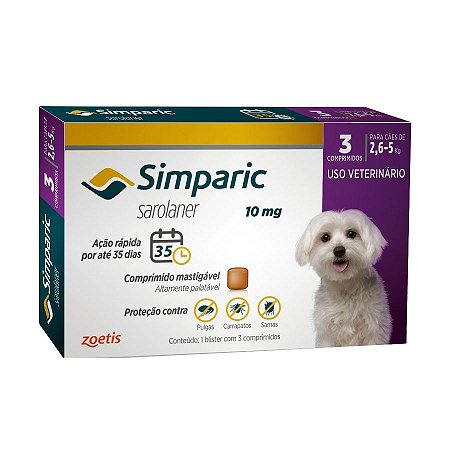 Simparic 10 mg para cães 2,6Kg a 5 kg - Zoetis - 3 Comprimidos