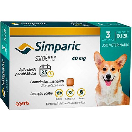 Simparic 40mg para Cães de 10,1Kg a 20Kg - Zoetis - 3 Comprimidos