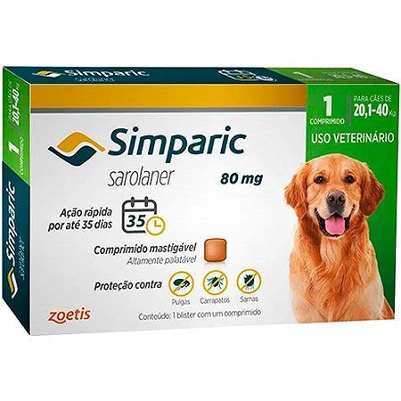 Simparic 80mg para Cães de 20,1Kg a 40Kg - Zoetis - 1 Comprimido