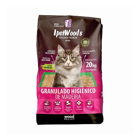 Granulado Higiênico de Madeira para Gatos Ipet Woods - 20kG