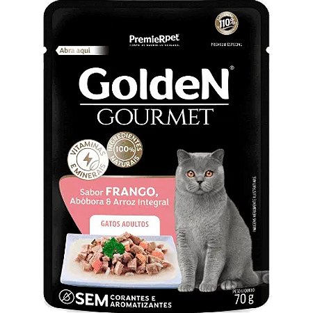 Ração Úmida Golden Gourmet para Gatos Adultos Sabor Frango, Abobora e Arroz Integral - 70g