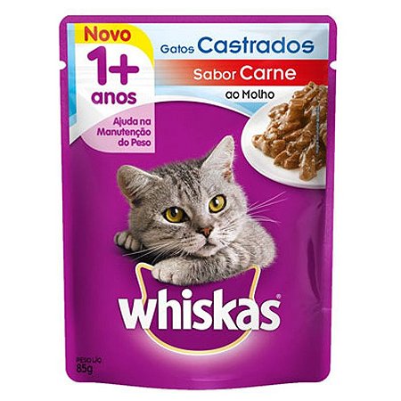 Ração Úmida Whiskas Sachê Carne Ao Molho Para Gatos Adultos Castrados - 85g