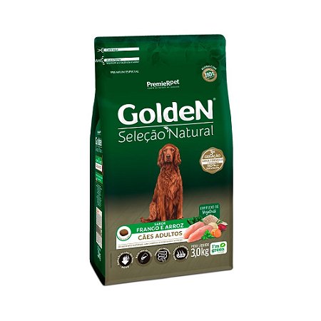 Ração Golden Seleção Natural para Cães Adultos Sabor Frango e Arroz - 3,0Kg