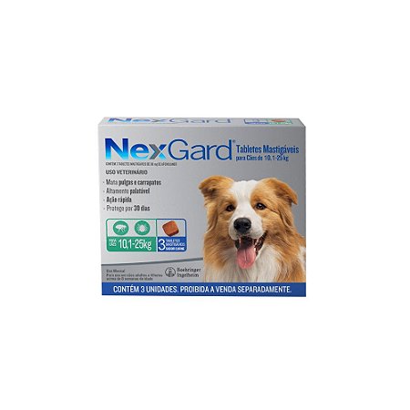 Antipulgas e Carrapatos NexGard para Cães de 10,1 a 25kg - 3 Tabletes