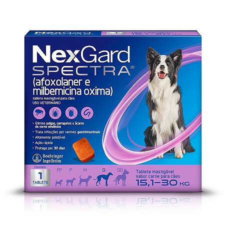 Antipulgas e Carrapatos NexGard Spectra para Cães de 15,1Kg a 30kg - 1 Tablete Mastigável