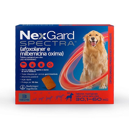 Antipulgas e Carrapatos NexGard Spectra para Cães de 30,1Kg a 60kg - 3 Tabletes Mastigáveis