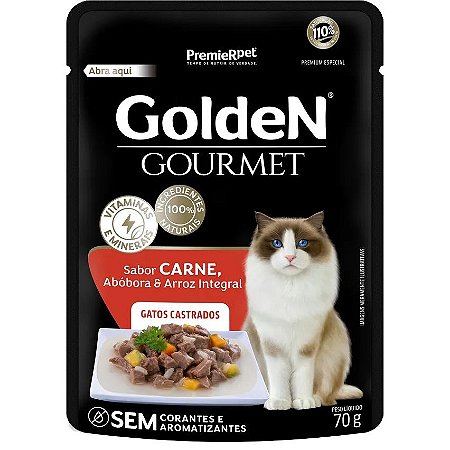Ração Úmida Golden Gourmet Gatos Adultos Castrados Sabor Carne - 70g