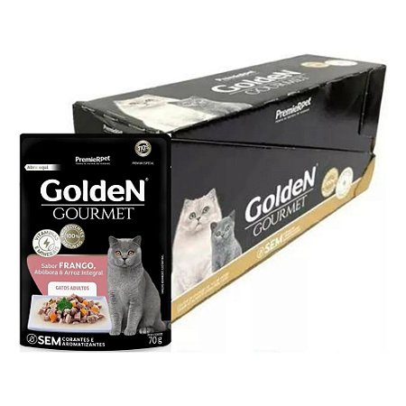 Ração Úmida Golden Gourmet para Gatos Adultos Sabor Frango, Abobora e Arroz Integral - 70g - Caixa com 20 Unidades