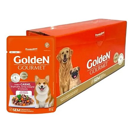 Ração Úmida Golden Gourmet Cães Adultos Pequeno porte Sabor Carne - 85g - Caixa com 20 Unidades