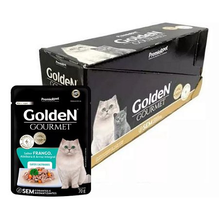 Ração Úmida Golden Gourmet Gatos Adultos Castrados Sabor Frango, Abobora e Arroz Integral - 70g - Caixa com 20 Unidades