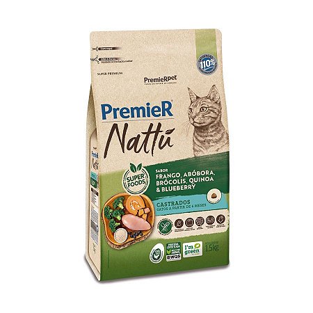 Ração Premier Nattu para Gatos Adultos Castrados Sabor Abóbora - 1,5Kg