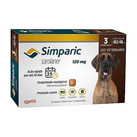 Simparic 120mg para Cães de 40,1Kg a 60 Kg - Zoetis - 3 Comprimido