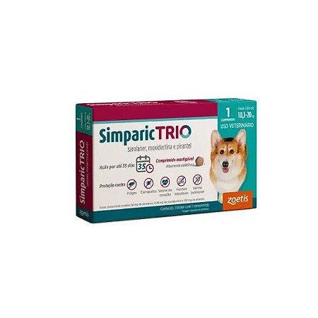 Antipulgas e Vermífugo Simparic Trio 24mg para Cães de 10,1kg a 20kg - 1 Comprimido