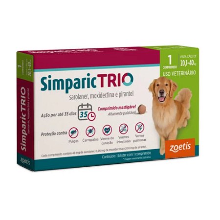 Antipulgas e Vermífugo Simparic Trio 48mg para Cães de 20,1kg a 40kg - 1 Comprimido