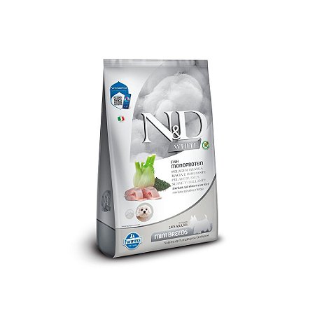 Ração Farmina N&D White para Cães Adultos de Porte Mini Sabor Merluza, Spirulina e Erva Doce - 2Kg