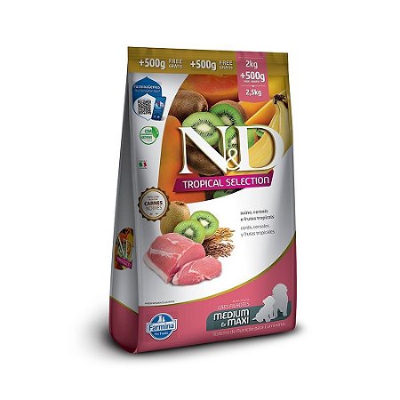 Ração Farmina N&D Tropical Selection p Cães Filhotes de Porte Médio Grande Sabor Suíno Cereais Frutas Tropicais - 2,5Kg