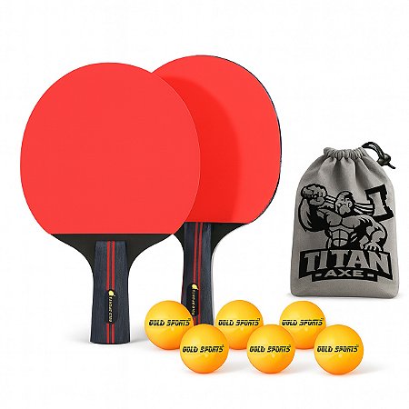 Kit Tênis de Mesa Gold Sports Titan 2 Raq 5 Estrelas e 6 Bolas + Bolsa para Transportar