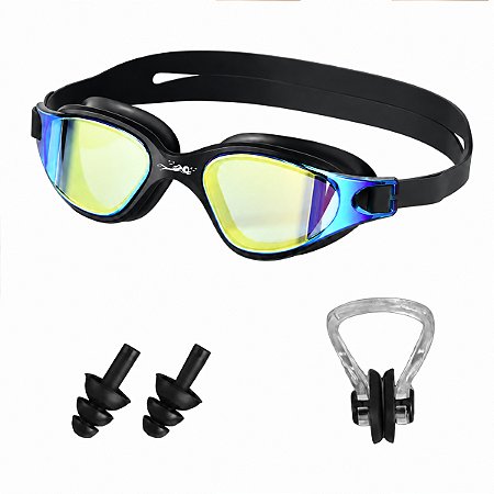 Kit Óculos De Natação Gold Sports Lince Demi Mirror HD-Mesh Bag -Clip Nasal  e Protetor de Ouvido