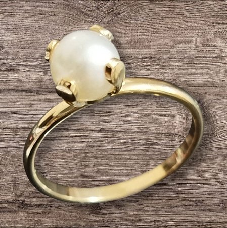 Anel Solitário Dourado Pérola Radiante
