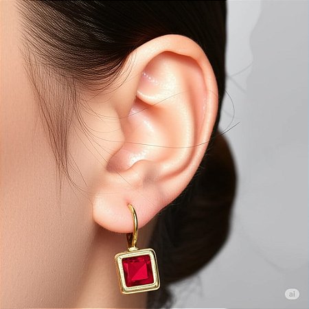 Brinco Quadrado Radiante Vermelho Banhado a Ouro 18k