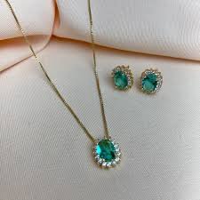 Conjunto Dourado Turmalina Rosa Oval (Colar + Brincos)