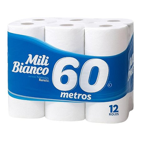 Pacote de papel higiênico Mili Bianco com 12 rolos de 60 metros cada unidades.