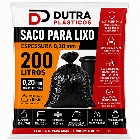 Saco para Lixo 200 Litros Preto – Espessura 0,20 mm Pacote com (3 kg)