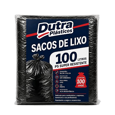 Saco para Lixo 100 Litros Preto P5 – 90x95 cm – Pacote com 100 Unidades (4 kg)