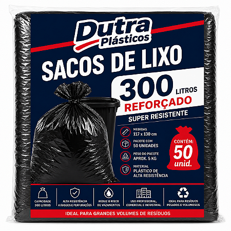 Saco Para Lixo 300L Preto Reforçado 50 Unidades
