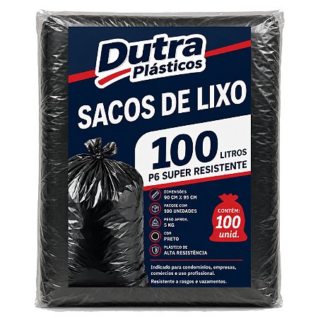 Saco para Lixo 100 Litros Preto P6 – 90x95 cm – Pacote com 100 Unidades (5 kg)
