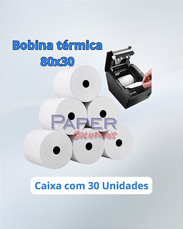 Bobina Térmica 80x30 P/ impressoras fiscais e PDV - Caixa com 30 unidades.