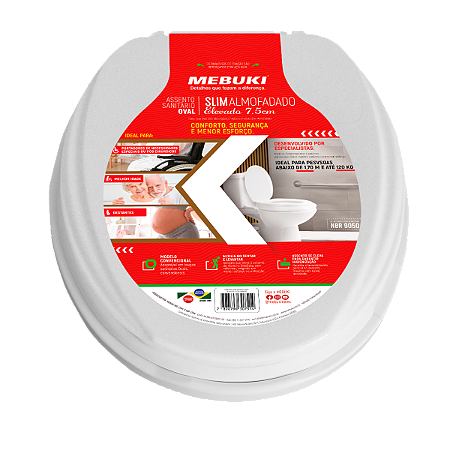 Assento Sanitário Para Idoso Deficiente Pós-Cirúrgico Oval Mebuki Elevado 7,5cm Almofadado Para Vaso Deca 1.6gpf 6.0lpf
