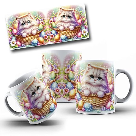 Caneca Decorativa Gato e Ovos Coloridos