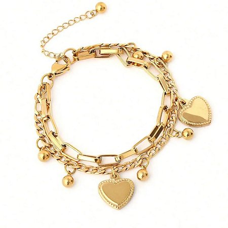 Pulseira Elo com Pingentes de Coração - Banho Dourado