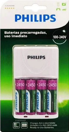 Carregador de Pilhas Recarregável Philips c/ 4 pilhas bivolt