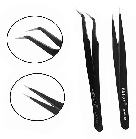 KIT PINCA ESD12 + ESD15 VETUS RETA E CURVA PROFISSIONAL ALONGAMENTO DE CÍLIOS