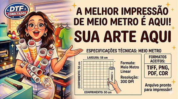 MEIO Metro Impressão Dtf Textil 58cm largura x 50cm Comprimento com sua Arte