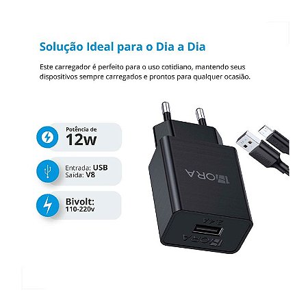 Carregador V8 12W C/ Cabo 1M 1Hora 5V 2.4A