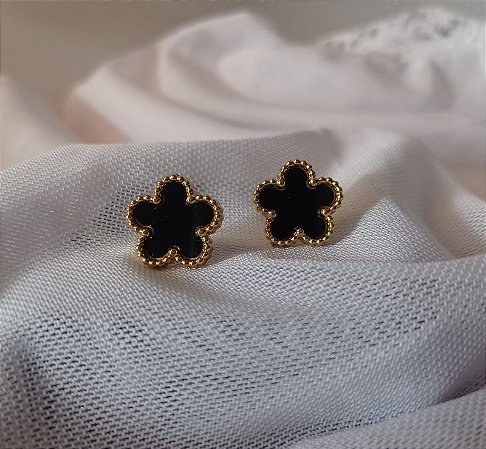 Brinco Trevo Preto da Sorte Feminino Banhado Ouro 18k Antialergico