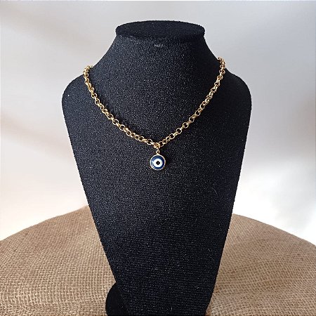 Gargantilha Elo Portugues com Olho Grego Banhado Ouro 18k Antialergico