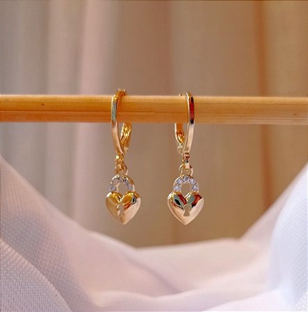 Brinco Argola Pingente Coracao Zirconia Banhado Ouro 18k Antialergico