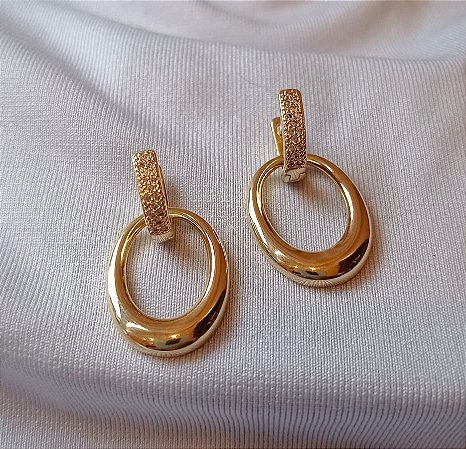 Brinco 2 em 1 Argola Cravejada e Pendente Removivel Banhado a Ouro 18k Antialergico