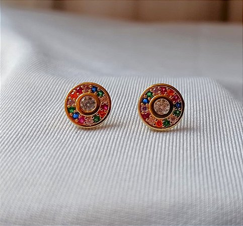 Brinco Cravejado Zirconias Coloridas Banhado Ouro 18k Antialergico