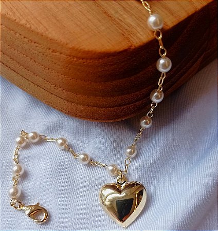 Pulseira Perolas com Coracao Banhado Ouro 18k Antialergico